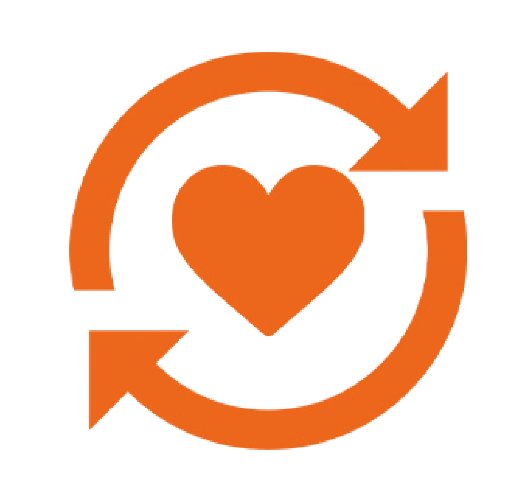 An orange heart icon with arrows